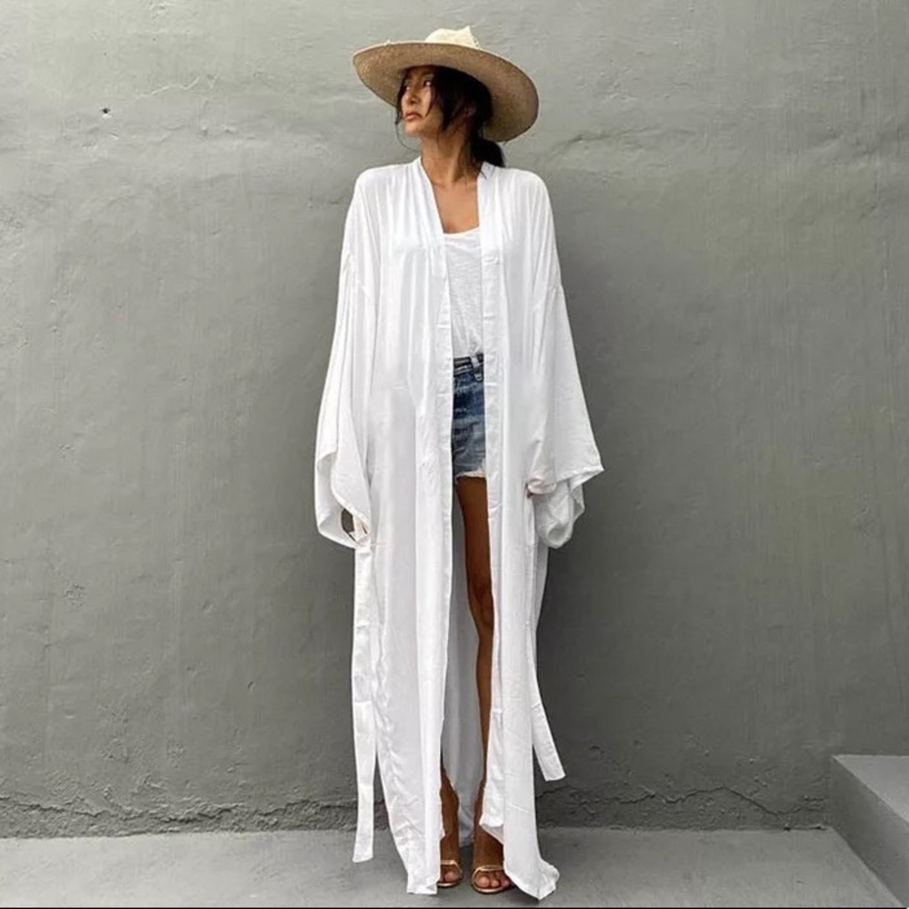 PreWashed Cotton Maxi Duster Kimono, Oversized Beach Coverup W/Sash Tie NWT - Picture 3 of 6